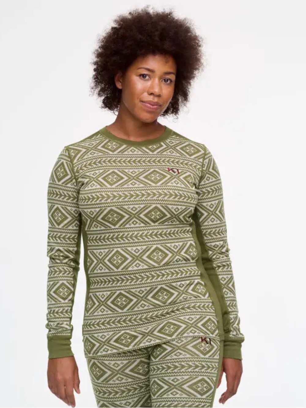 Kari Traa Floke Olive Green Crewneck Merino/Modal Base Layer - L